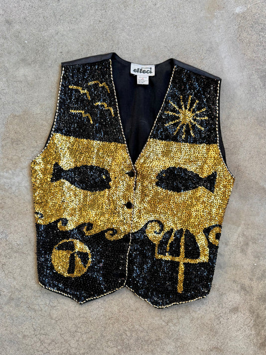 Vintage 1980s Creazioni Effeci Black & Gold Sequin Fish Vest | Small