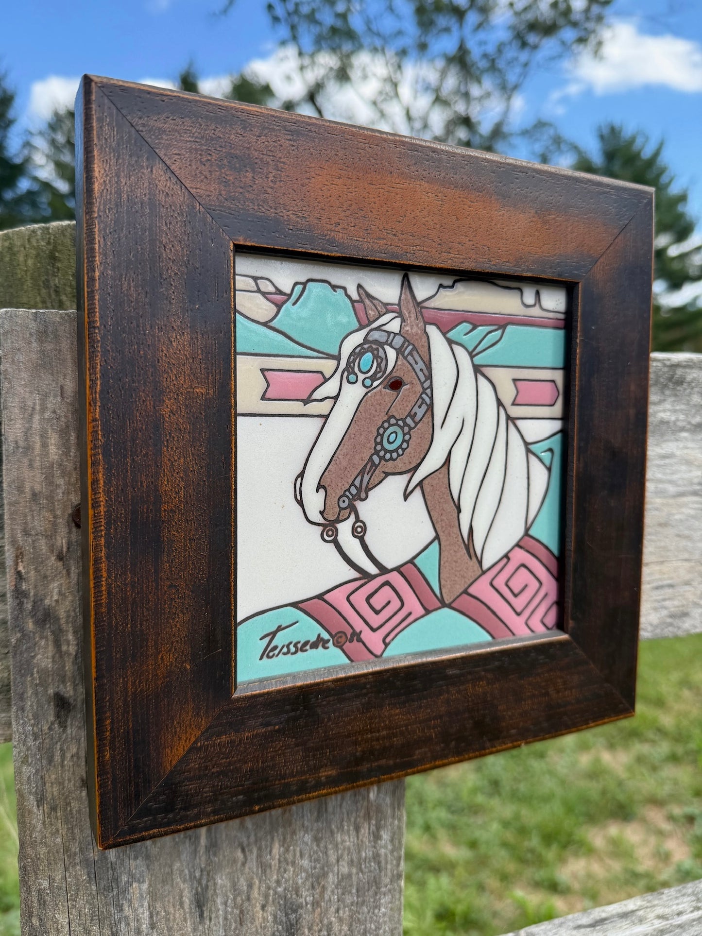 Vintage 1980s Teissedre Framed Ceramic Horse Tile