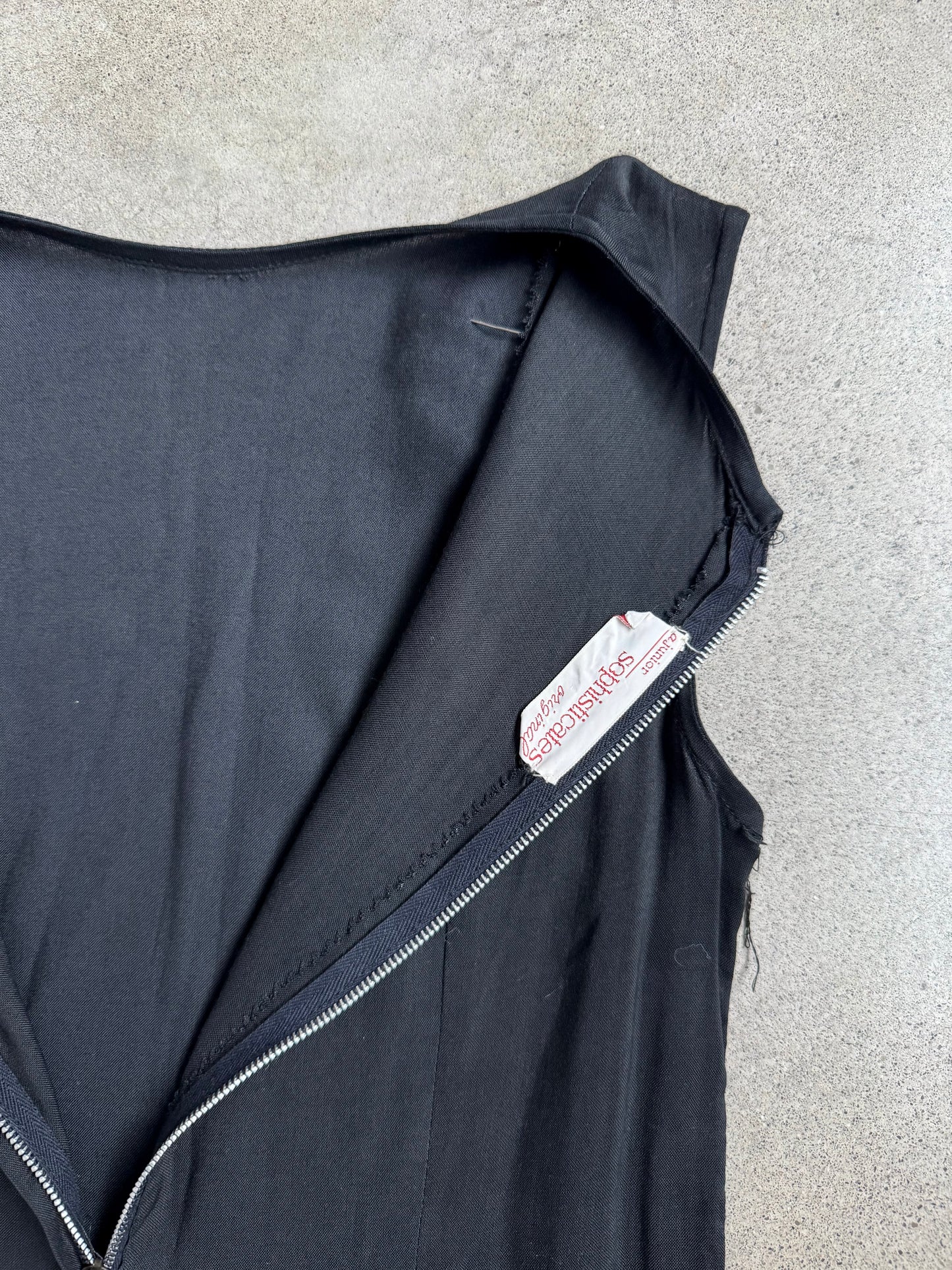 Vintage 1960s Sophisticates Black Drop Waist Pleated Dress w/ Flower Pin | XS