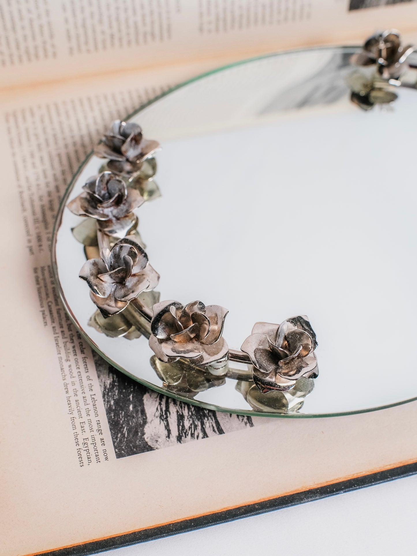 Vintage 1970s Oval Metal Rose Mirrored Vanity Tray