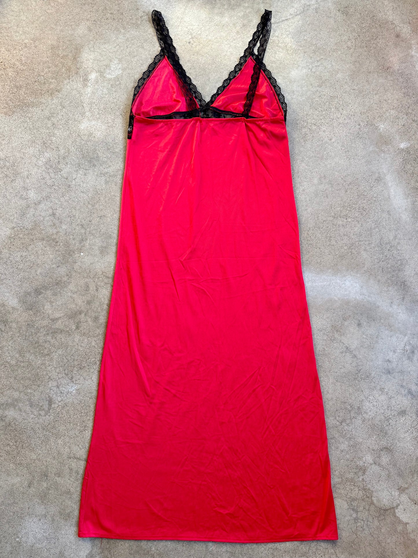 Vintage 1970s By Beverly Red & Black Lace Trim Maxi Slip Dress | Small