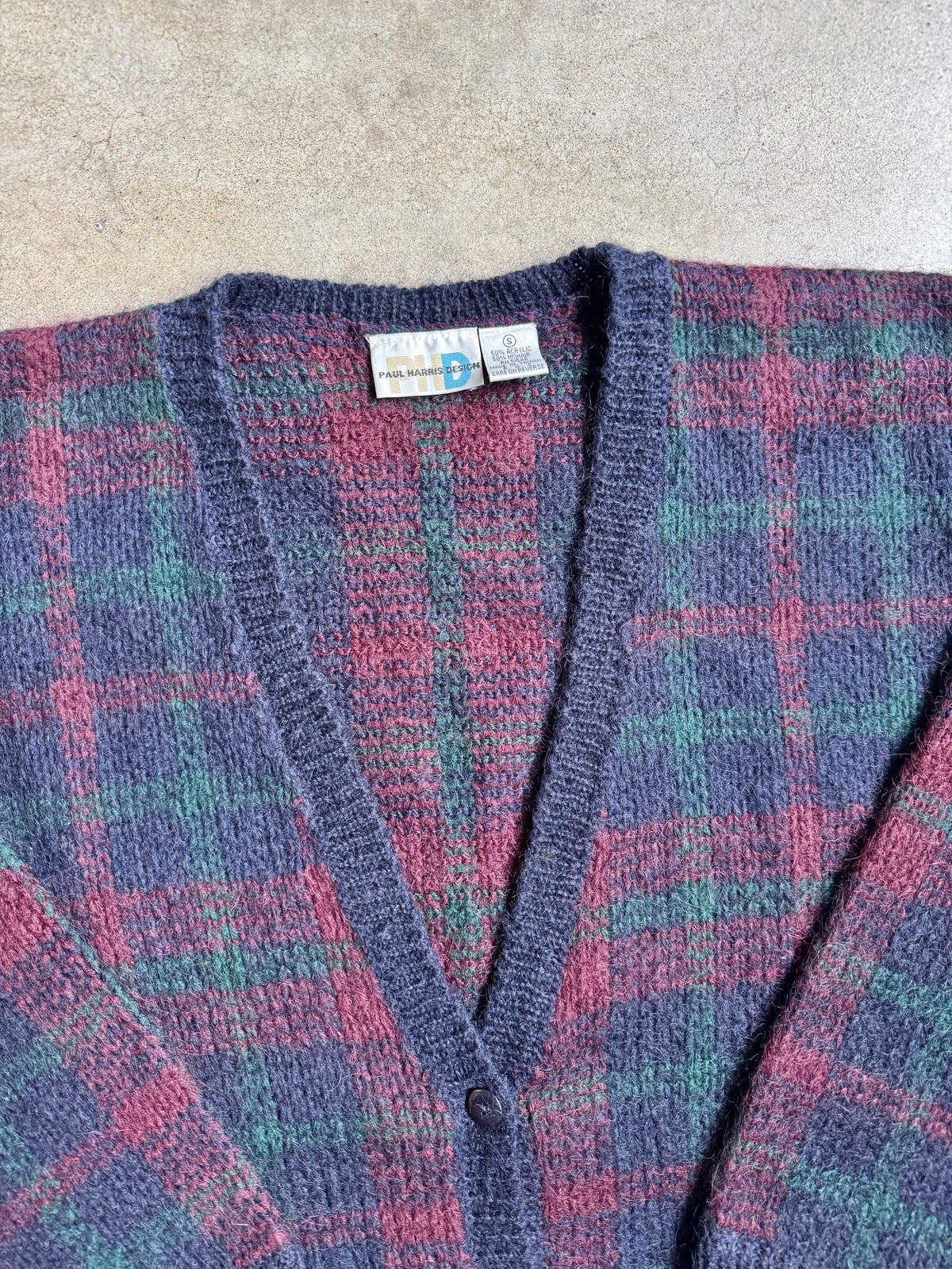 Vintage 1990s Paul Harris Design Dark Plaid Mohair-Blend Knit Cardigan | Small