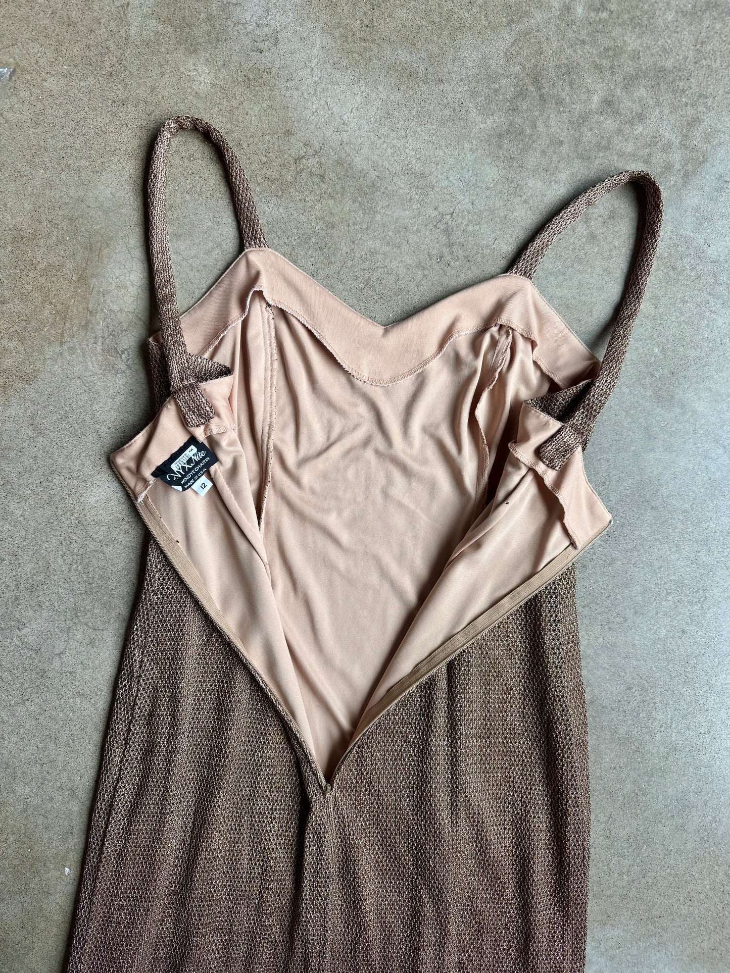 Vintage 1990s Onyx Nite Gold Metallic Side Slit Evening Gown | M/L