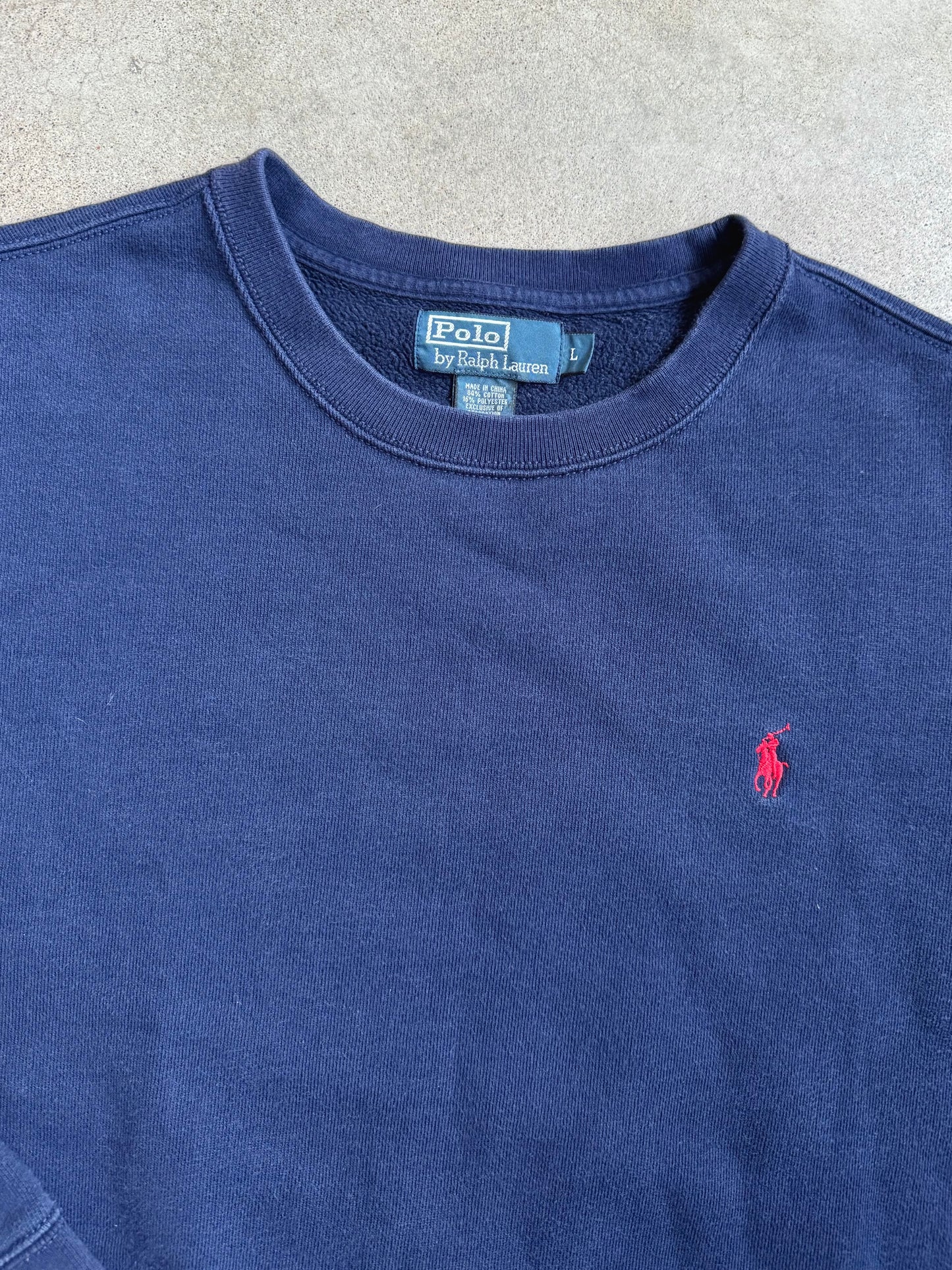 Vintage 1990s Polo Ralph Lauren Navy Blue Crewneck Sweatshirt | Large