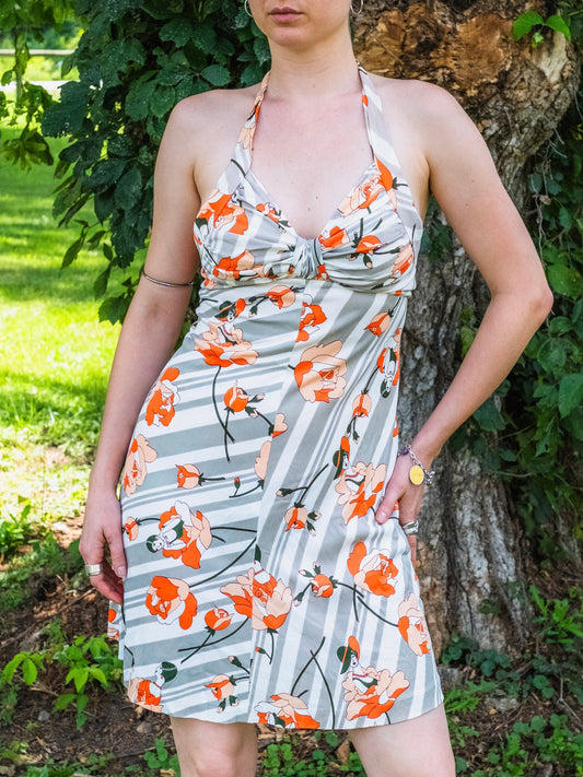 Vintage 1970s Aldens Fashions Art Deco-Style Novelty Print Halter Dress | XS