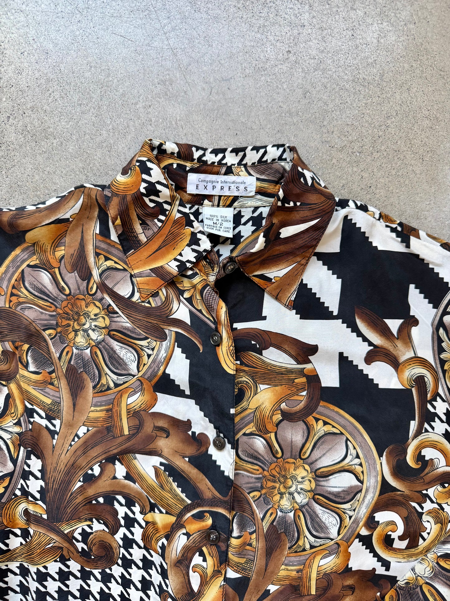 Vintage 1980s/90s Express Baroque Houndstooth Printed Silk Blouse | Medium