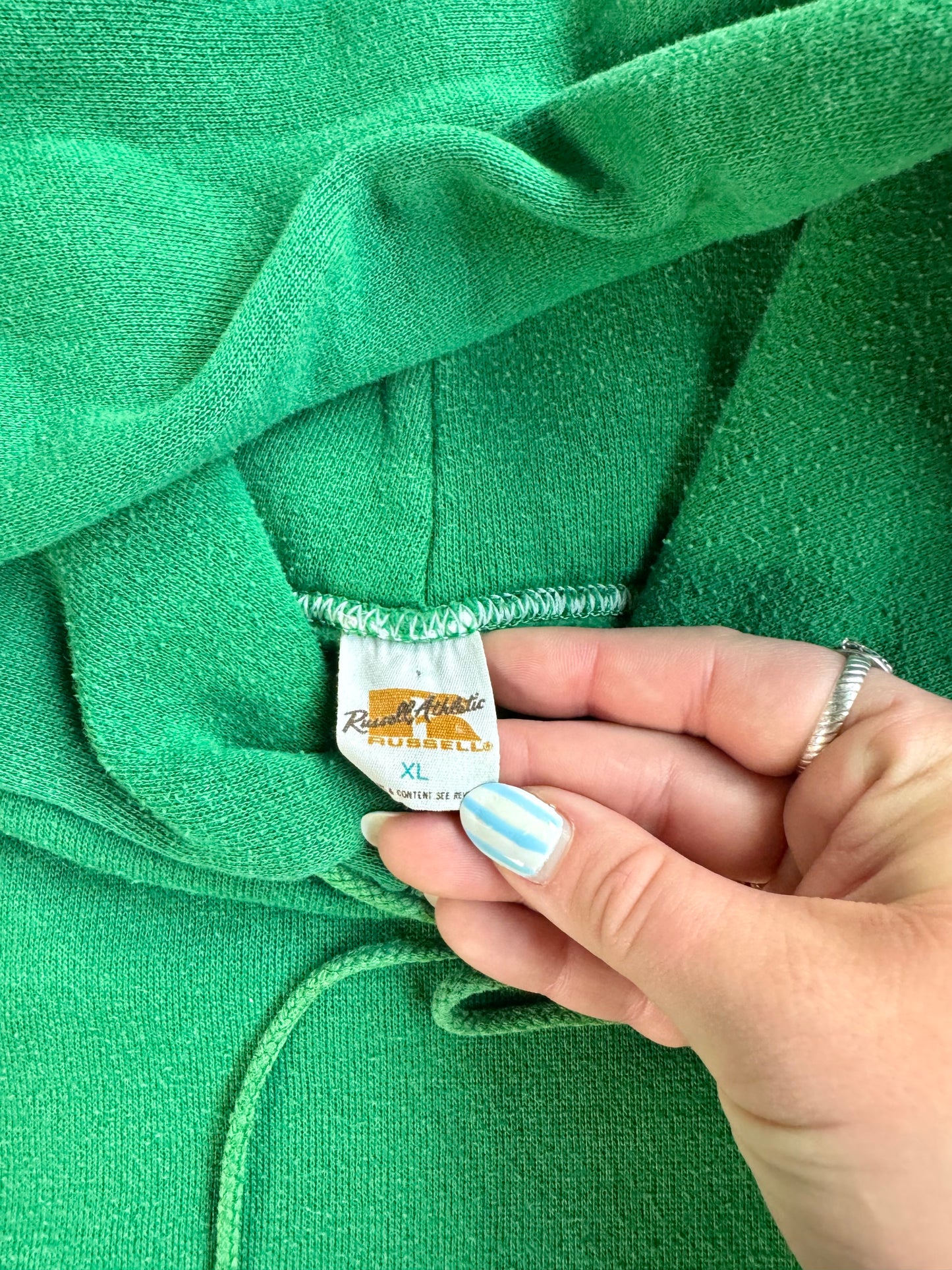 Vintage 1970s Russell Athletics Green Drawstring Hoodie Sweatshirt | XL
