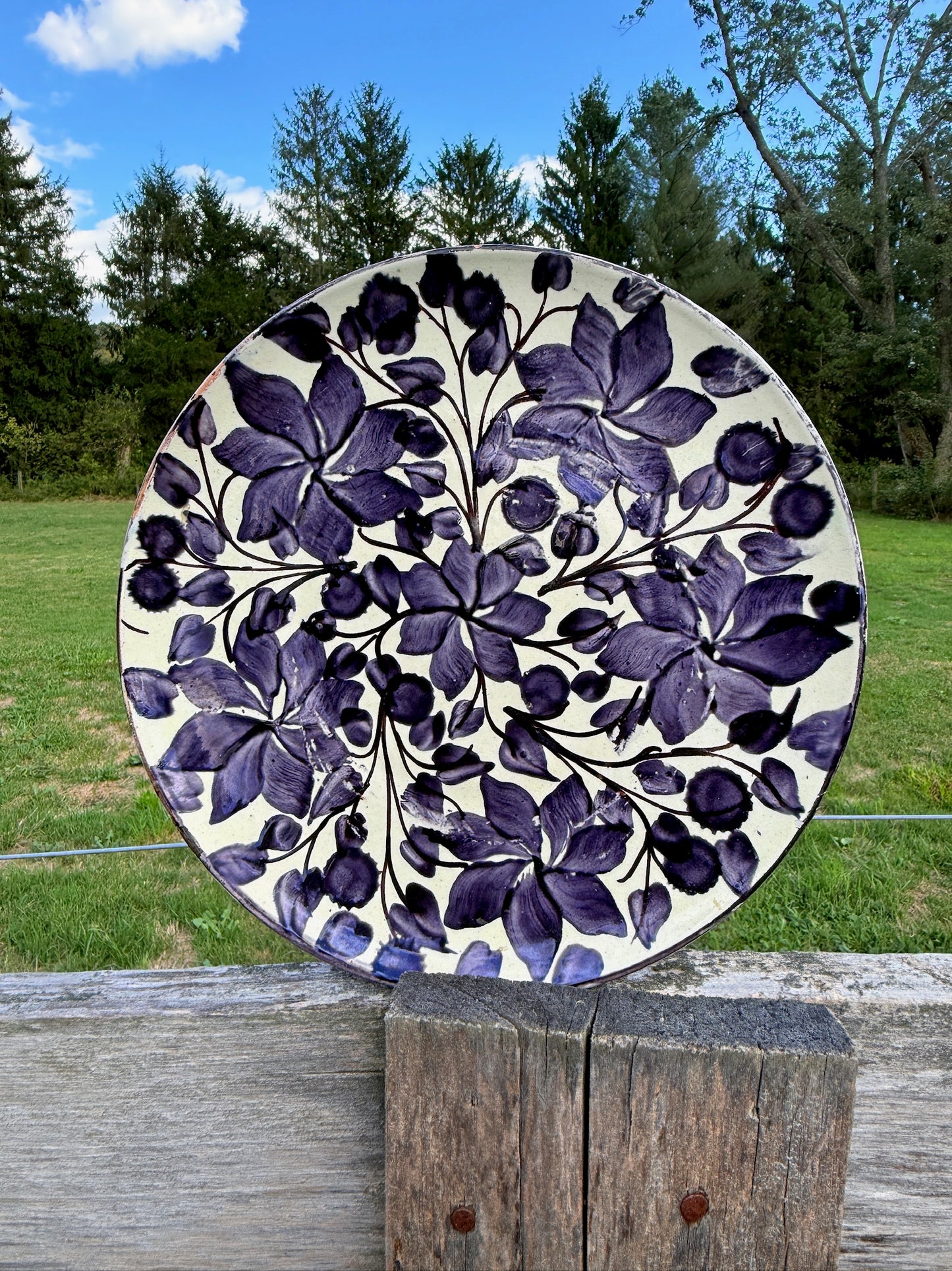 Vintage 1940s Terracotta Oaxaca Mexico Hand-Painted Floral Plate