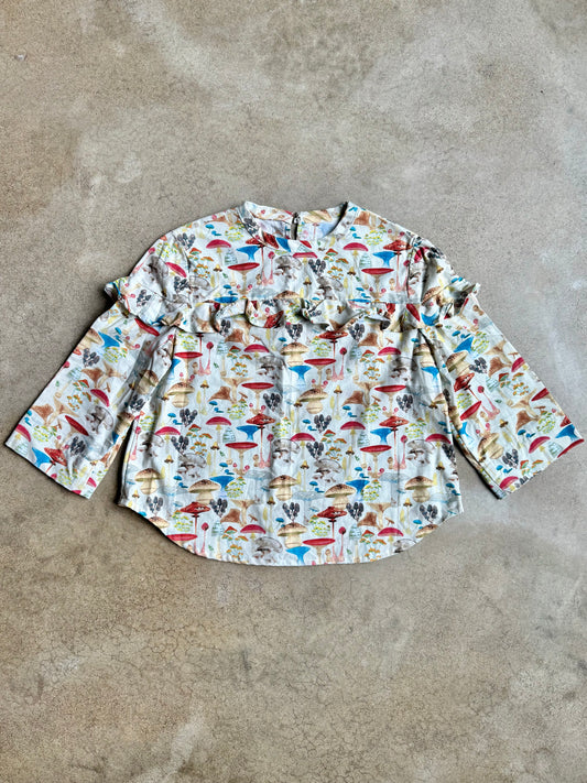Vintage Handmade Mushroom Printed Ruffle Blouse | M/L