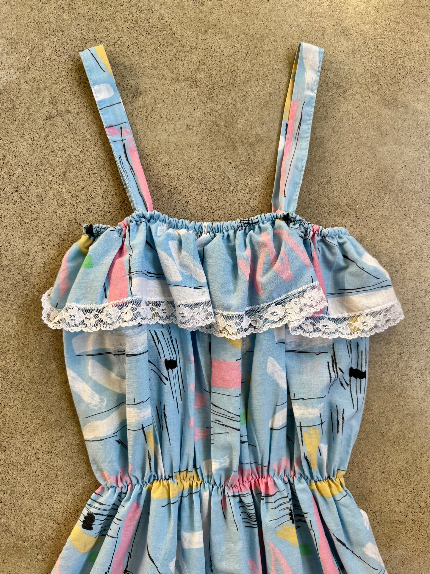 Vintage 1980s Pastel Printed Cinch-Waist Ruffled Midi Dress | Medium