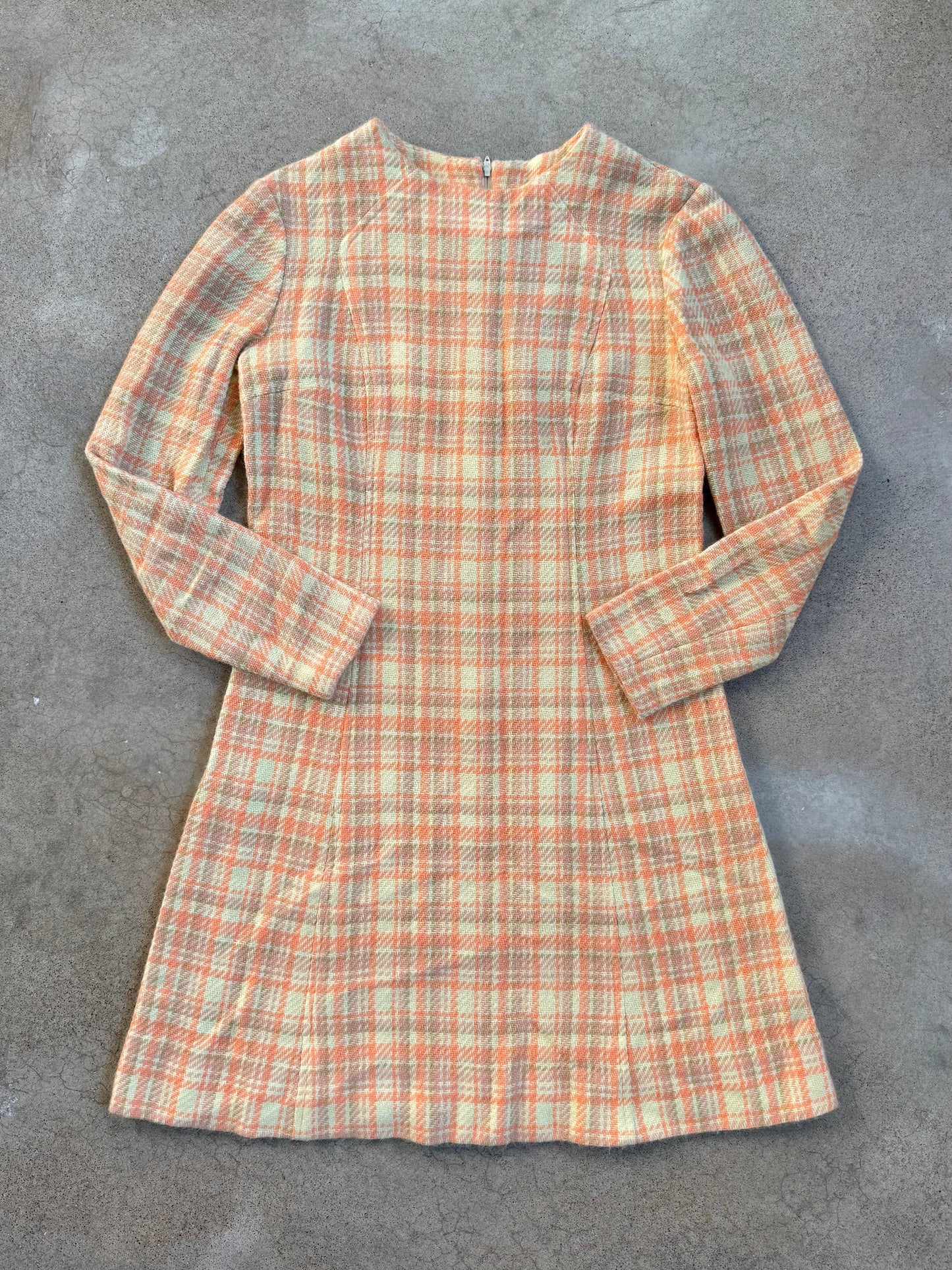 Vintage 1960s Pastel Plaid Wool-Blend Long Sleeve Mini Dress | S/M