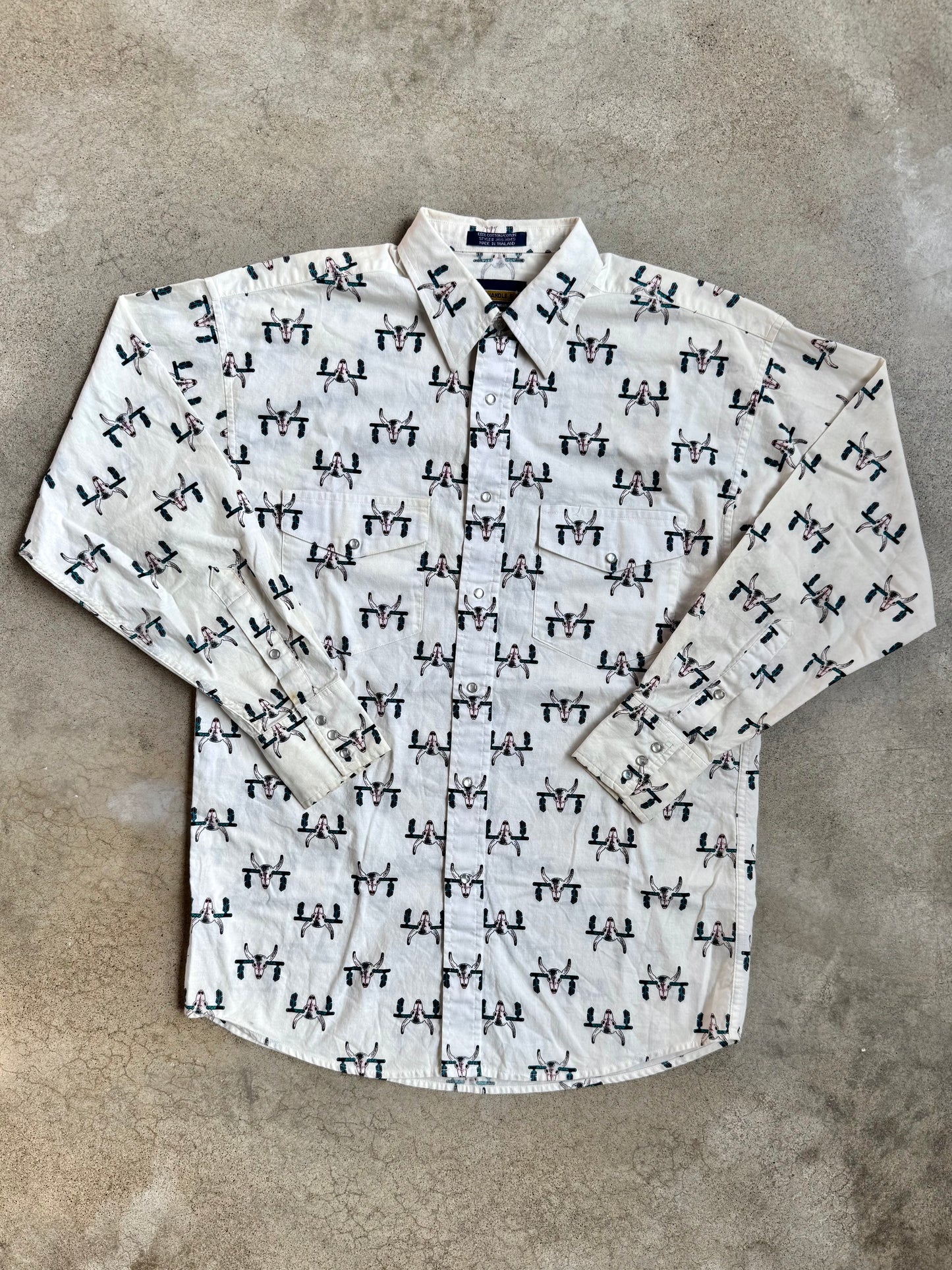 Vintage 1980s Panhandle Slim Western Bull Skull Pearl Snap Shirt | Medium