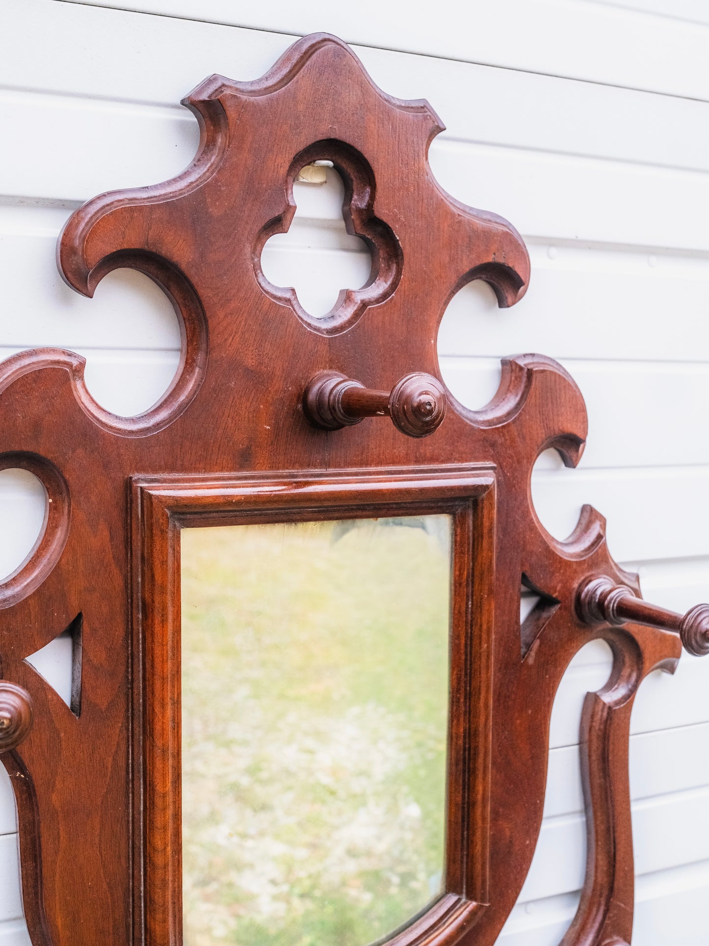 Antique 1800s Victorian Gothic Revival Walnut Hanging Mirror Hat Rack