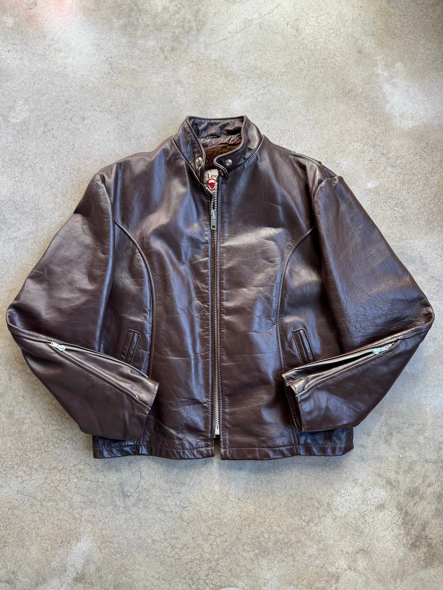 Vintage 1970s Sears The Leather Shop Brown Zip-Up Riding Jacket | 46R