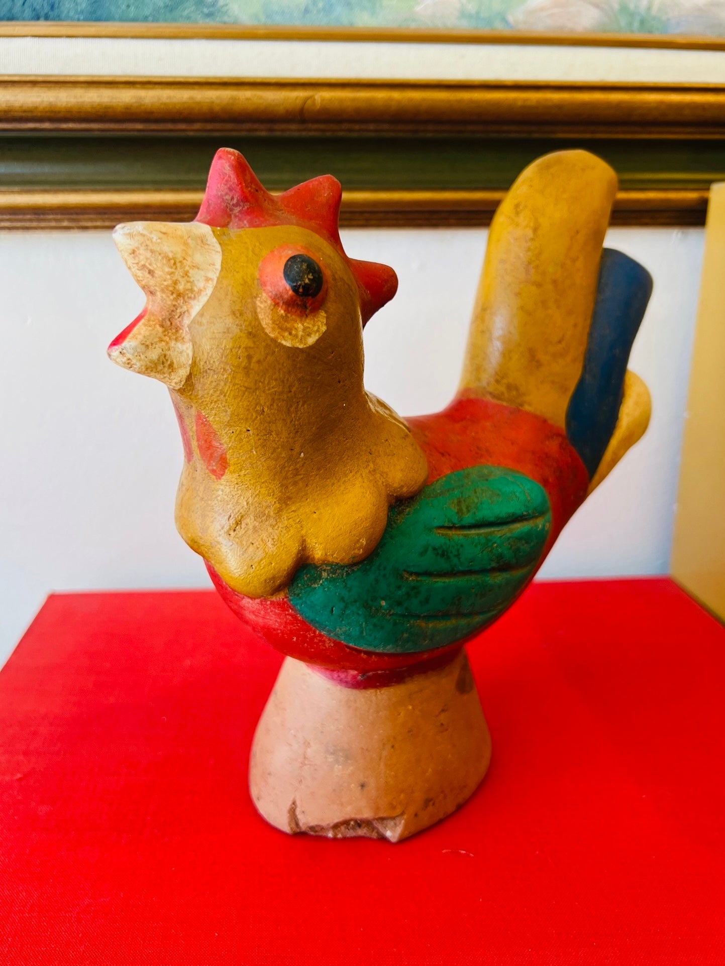 Vintage Folk Art Painted Terracotta Chicken Satue