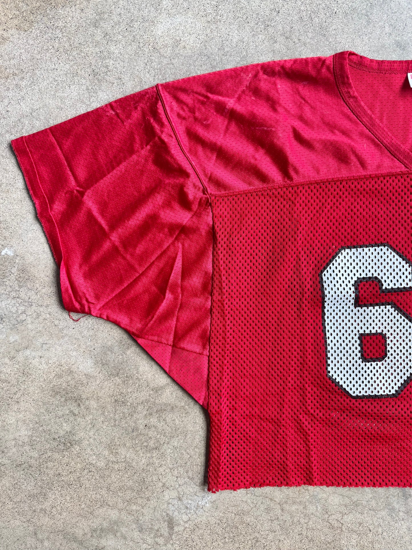 Vintage 1980s Fab-Knit Red Mesh #67 Cropped Football Jersey | Large