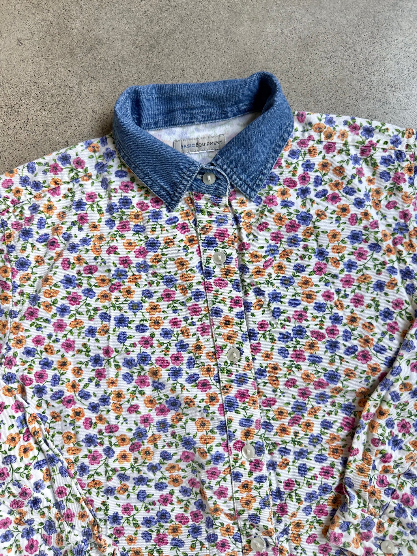 Vintage 1990s Basic Equipment Denim Collar Floral Printed Shirt | XS/S