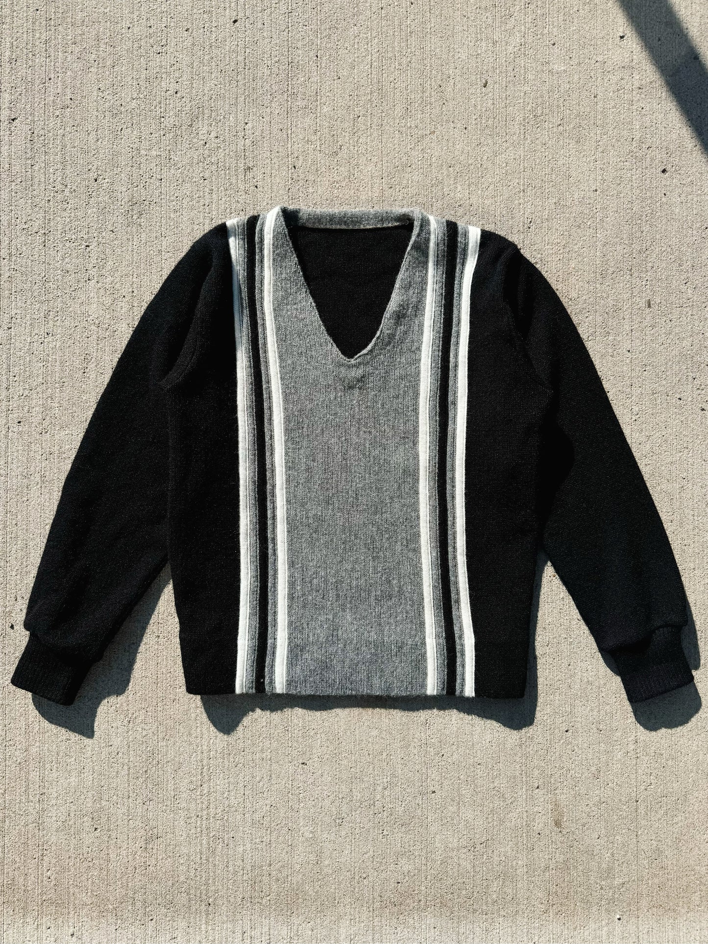 Vintage 1960s Black & Grey Striped V-Neck Wool Sweater | S/M