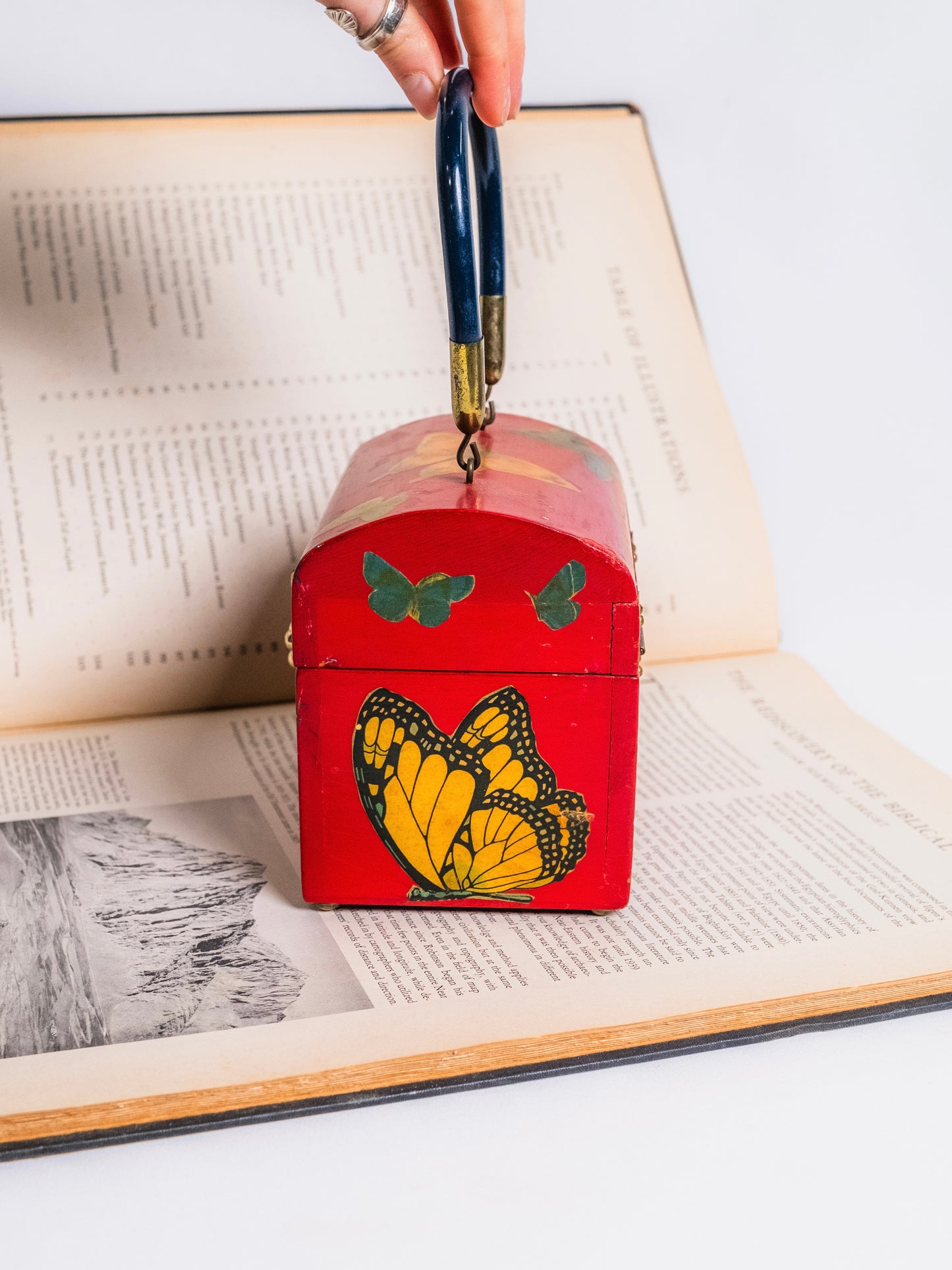 Vintage 1960s Handmade Butterfly Pattern Top Handle Wooden Purse