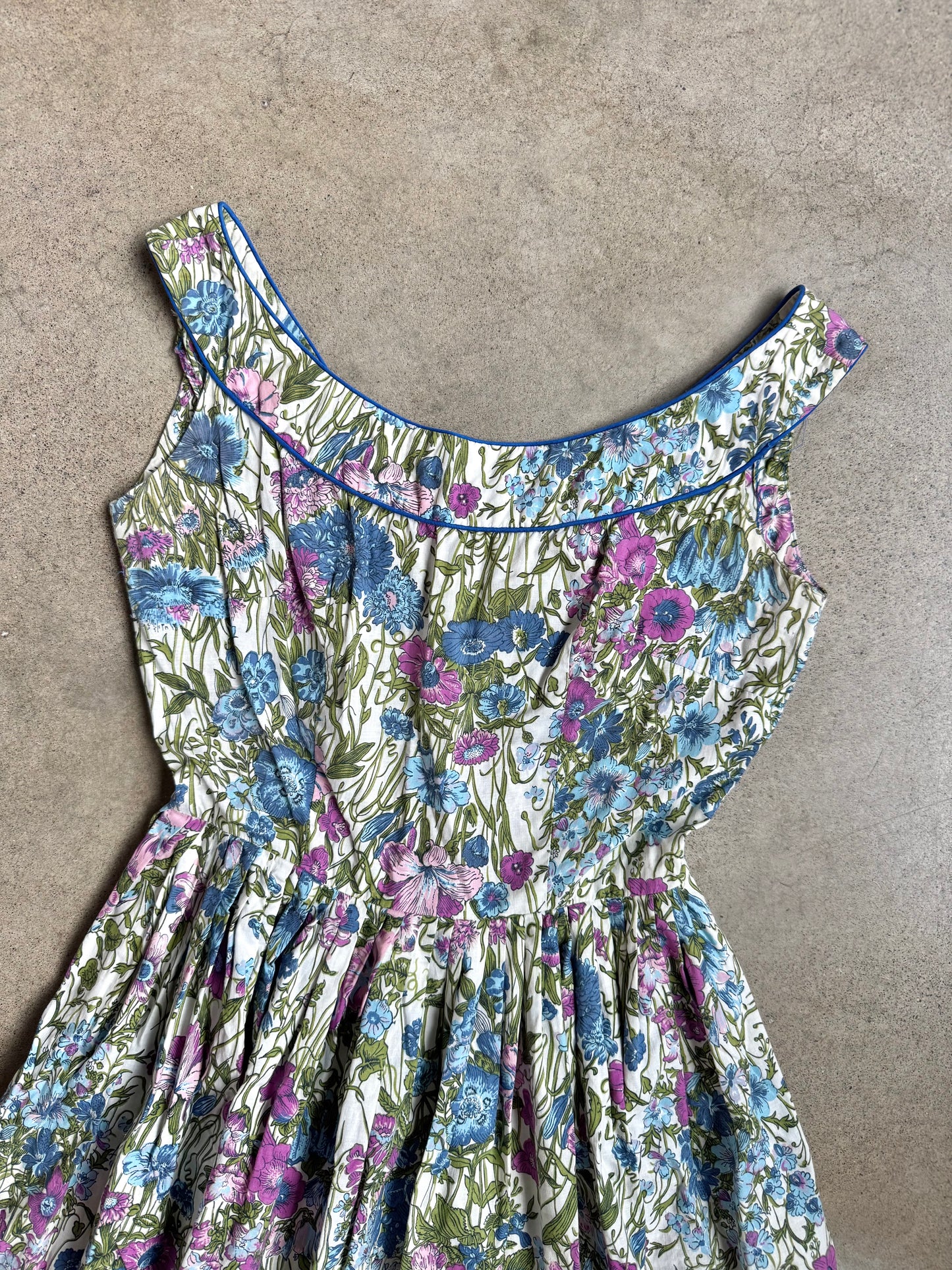 Vintage 1950s Jerry Gilden New York Blue & Purple Floral Pleated Summer Dress | XS