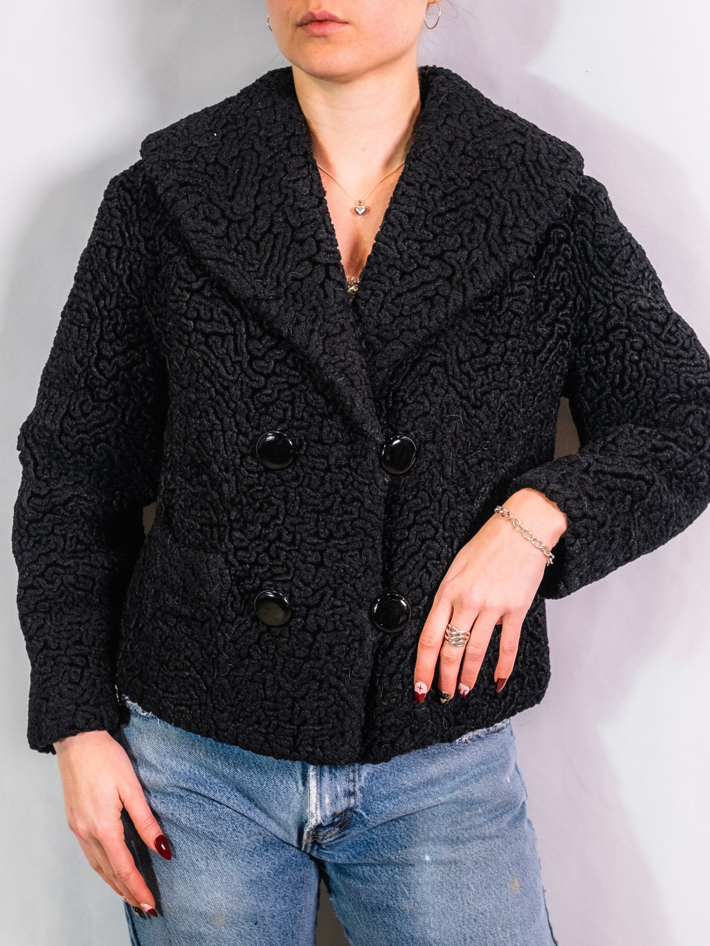 Vintage 1950s Black Persian Lambswool Double-Breasted Short Jacket | S/M