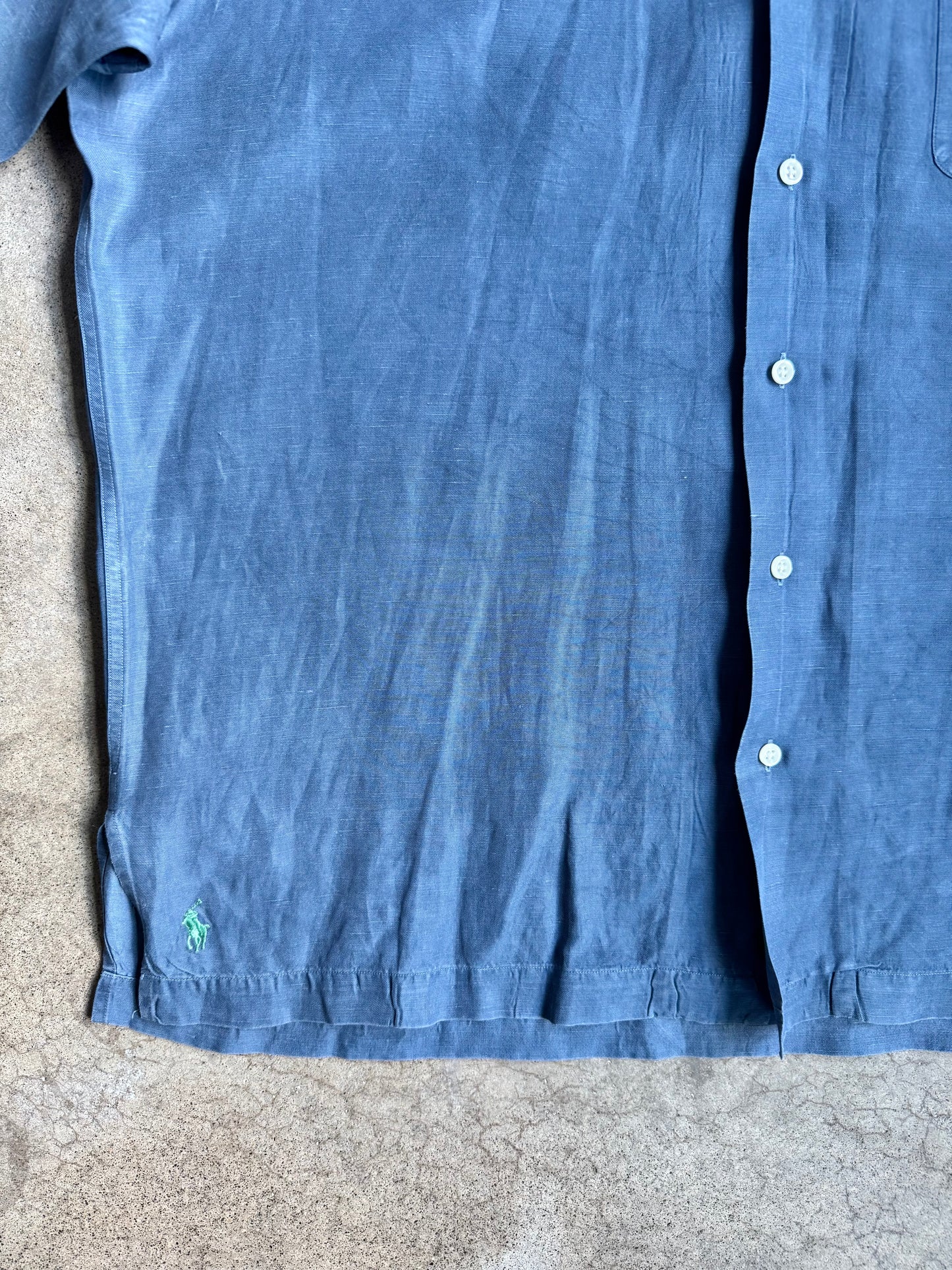 Vintage 1990s Polo Ralph Lauren Blue Linen & Silk Short Sleeve Shirt | Large
