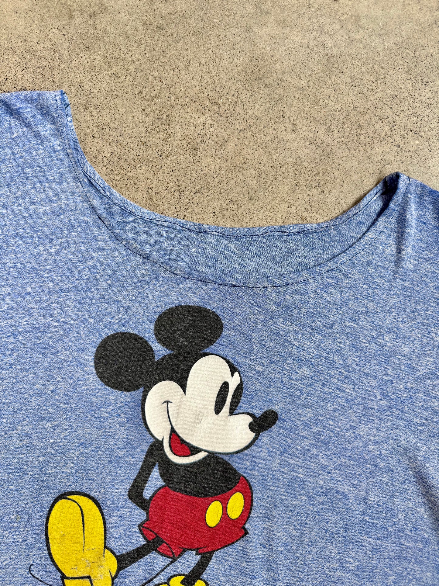 Vintage 1970s Blue Mickey Mouse Graphic Reworked Wide Neck Tee | XL