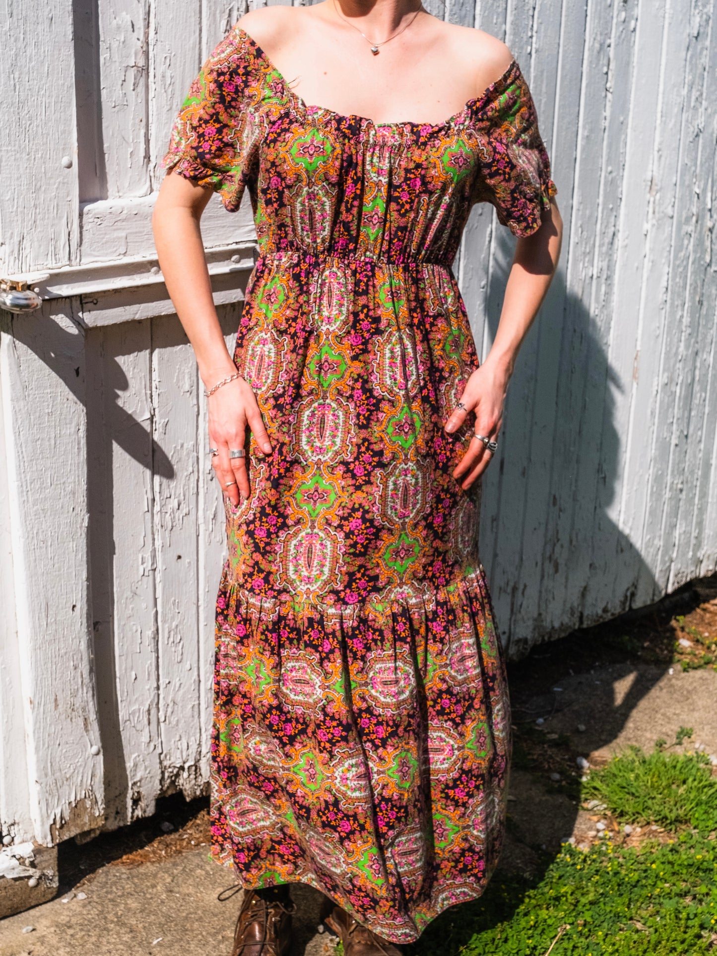 Vintage 1960s Orbit Ladybird Psychedelic Floral Off-Shoulder Maxi Dress | Medium