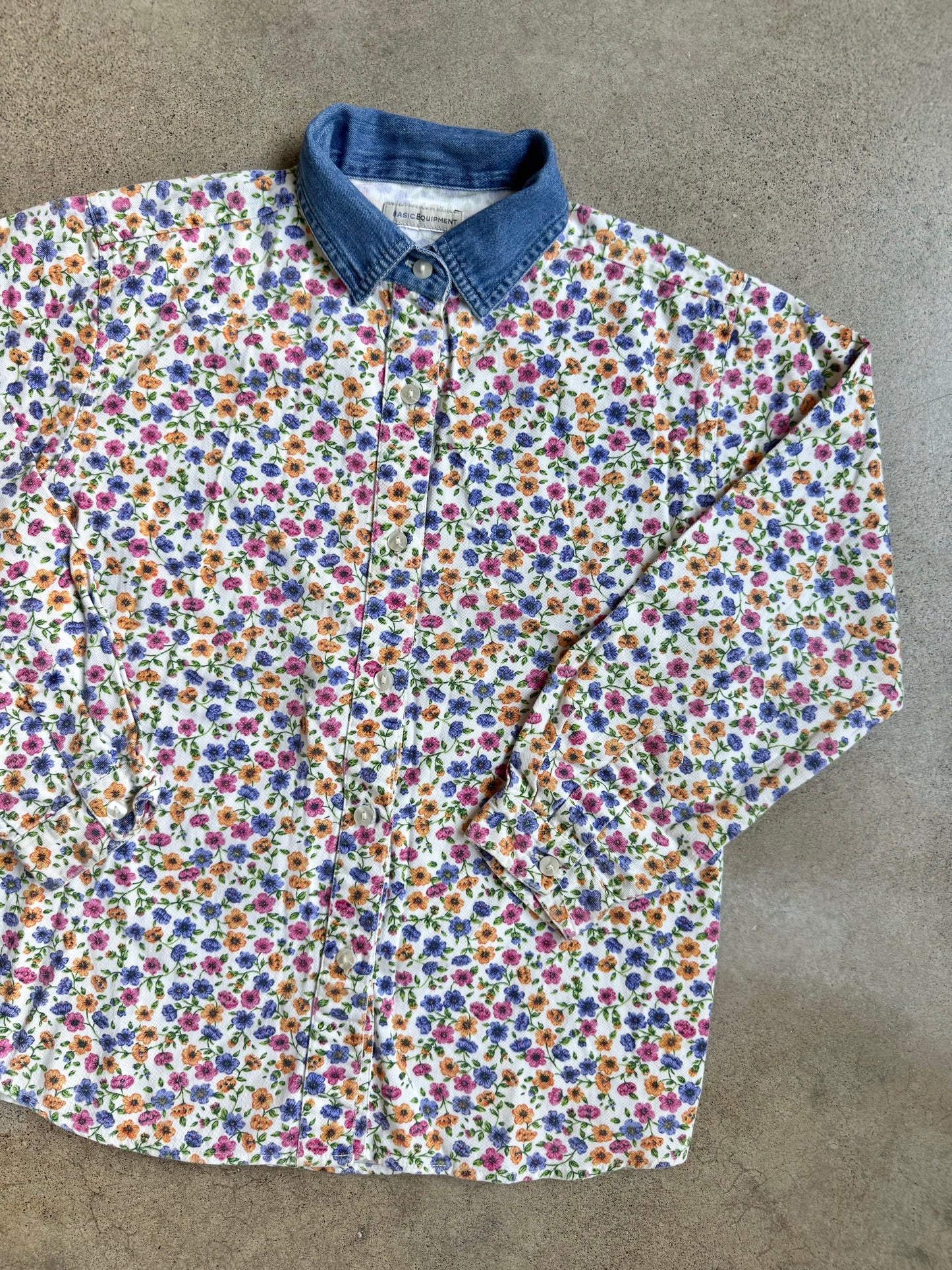 Vintage 1990s Basic Equipment Denim Collar Floral Printed Shirt | XS/S