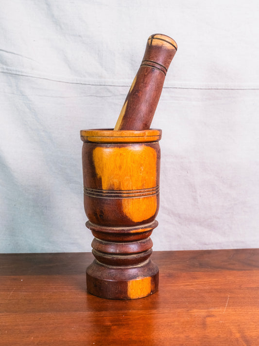 Vintage Hand-Turned Solid Wood Mortar & Pestle