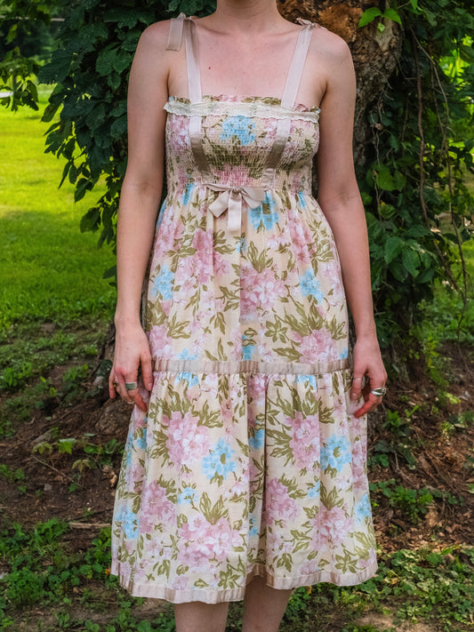 Vintage Pastel Floral Smocked Ribbon Strap Summer Dress | XS