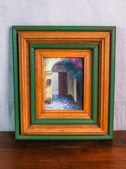 Vintage Framed Cobblestone Alleyway Scene Oil Painting | Signed