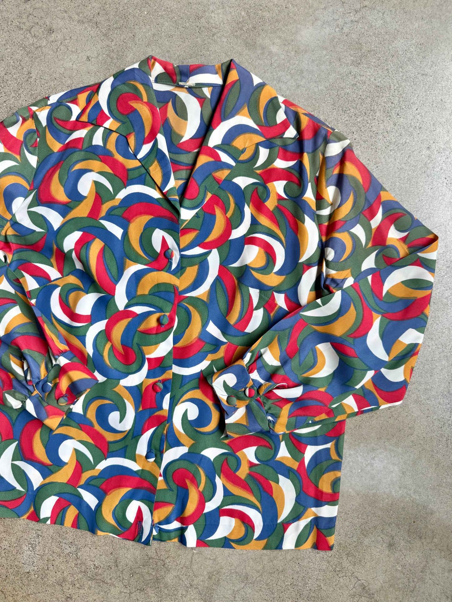 Vintage 1970s Multi-Color Abstract Swirl Printed Blouse | M/L