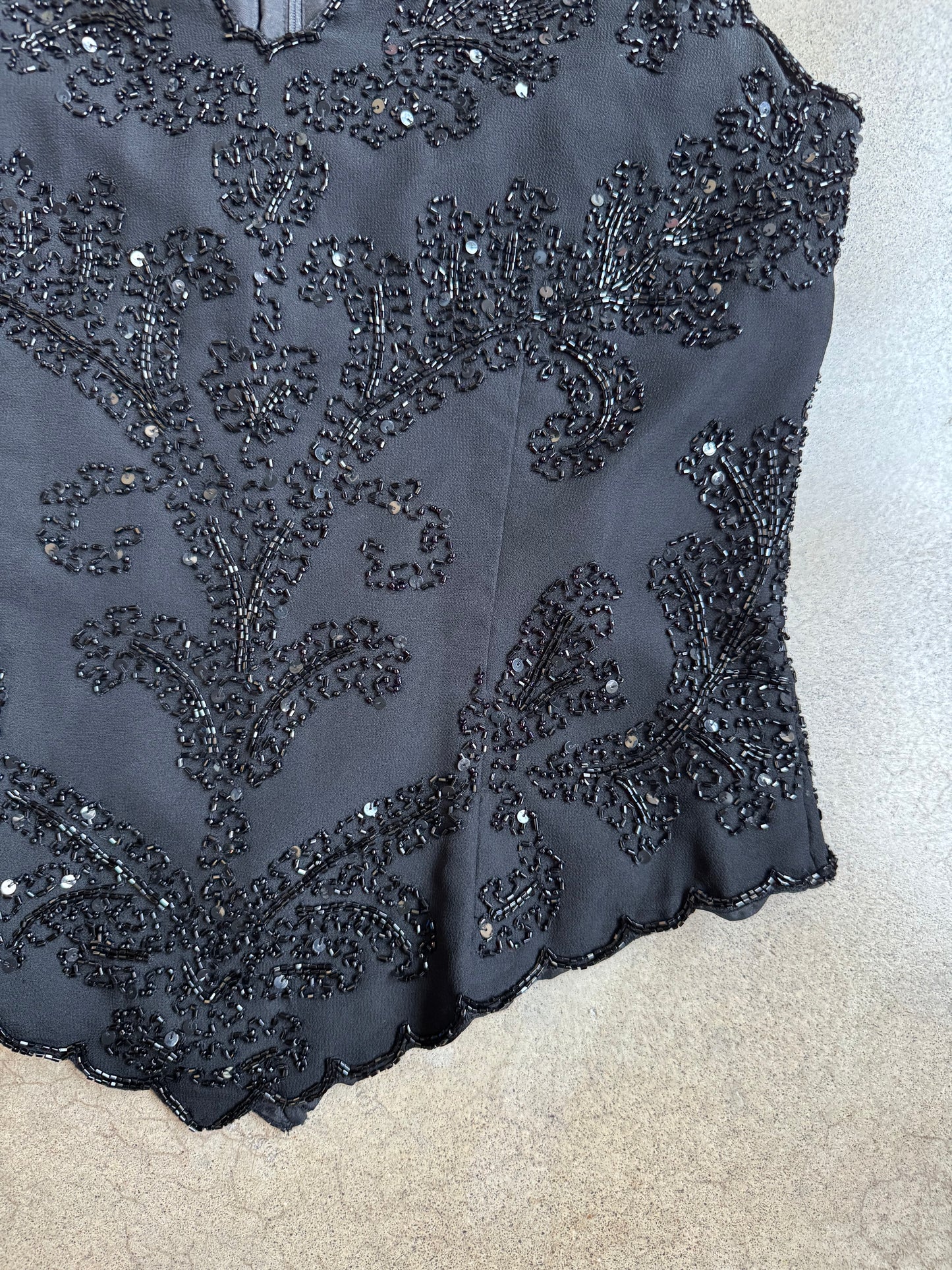 Vintage 1990s J Kara New York Black Beaded V-Neck Scalloped Sleeveless Top | Medium