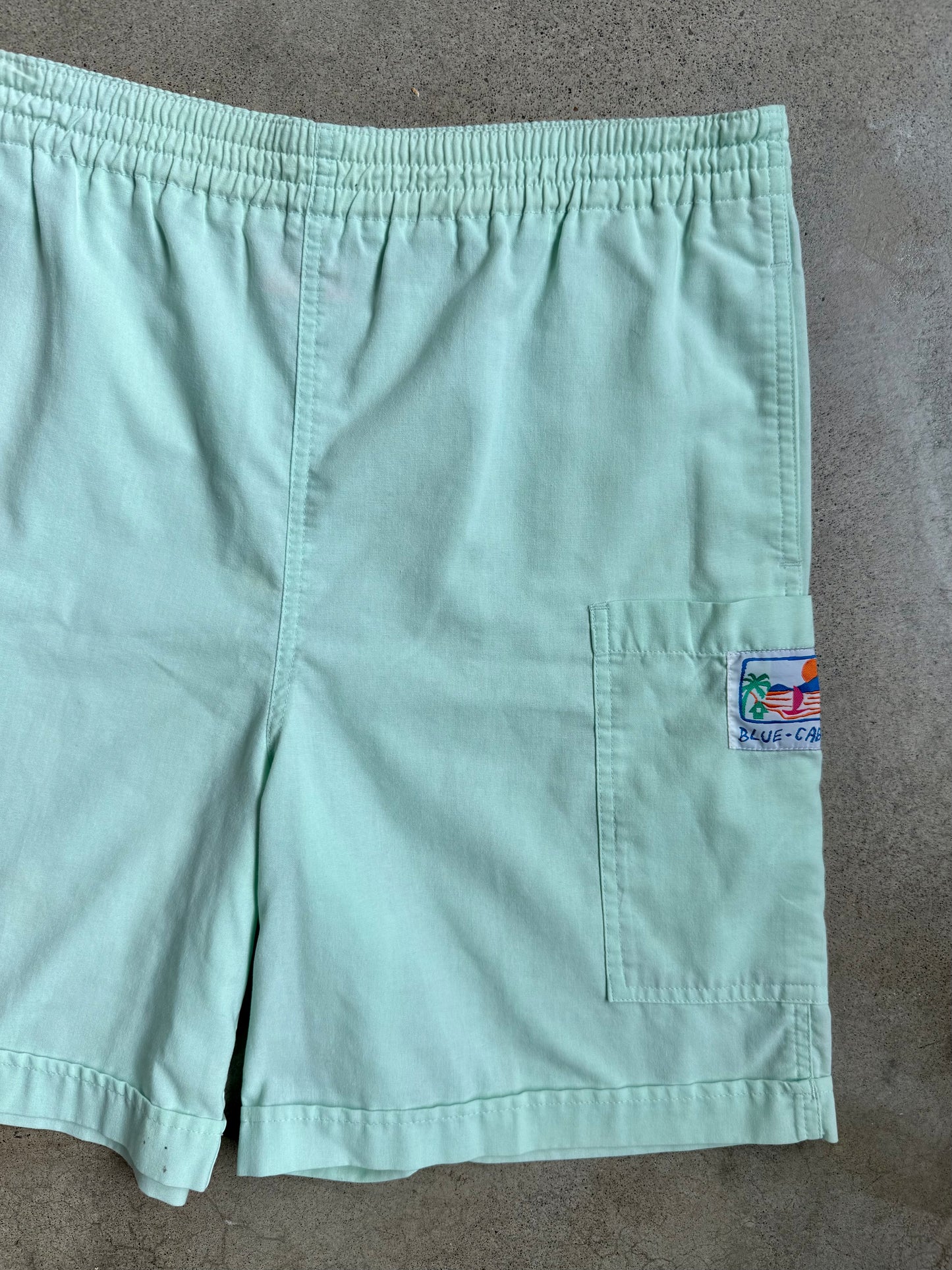 Vintage 1990s Blue Cabana Pastel Green Beach Shorts | Medium