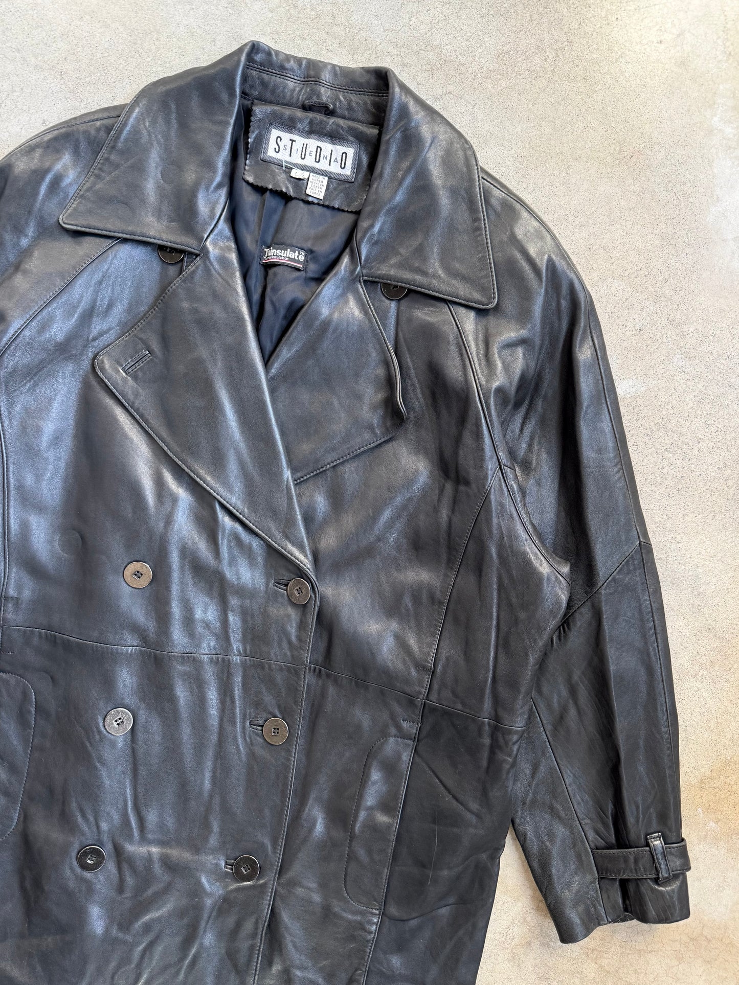 Vintage 1980s Studio Siena Black Leather Double-Breasted Jacket | Large