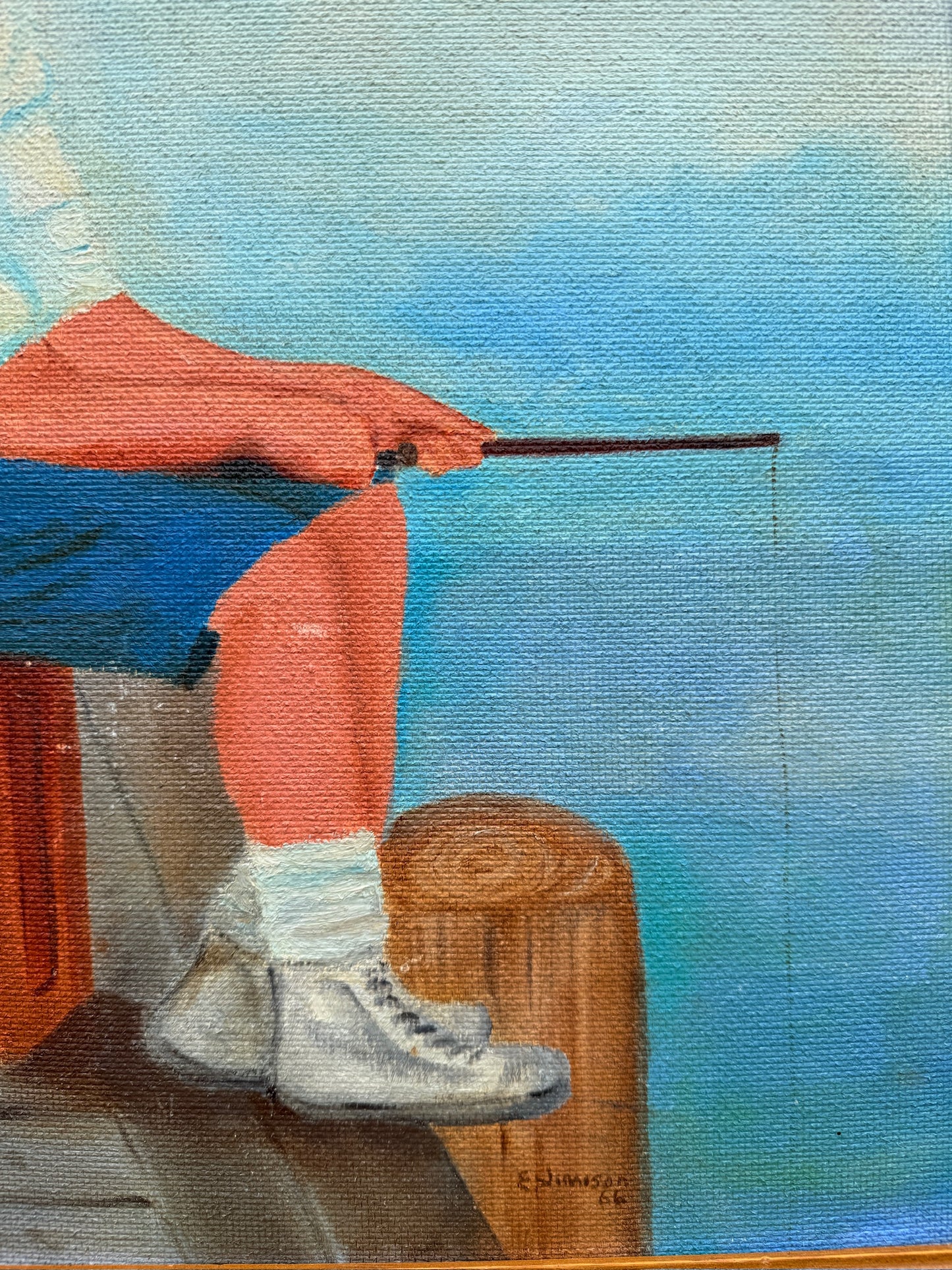 Vintage 1960s Framed & Signed "Boy Fishing" Oil on Board Painting