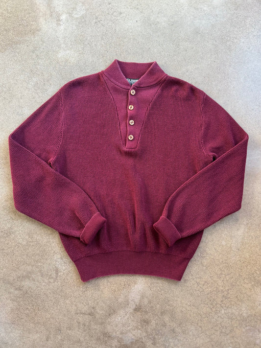 Vintage 1960s Castle Square Burgundy Cotton Henley Sweater | Large