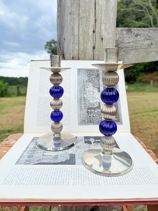 Vintage 1970s/80s Blue & Silver-Plated Stacked Orb Candlestick Holders | Set of 2