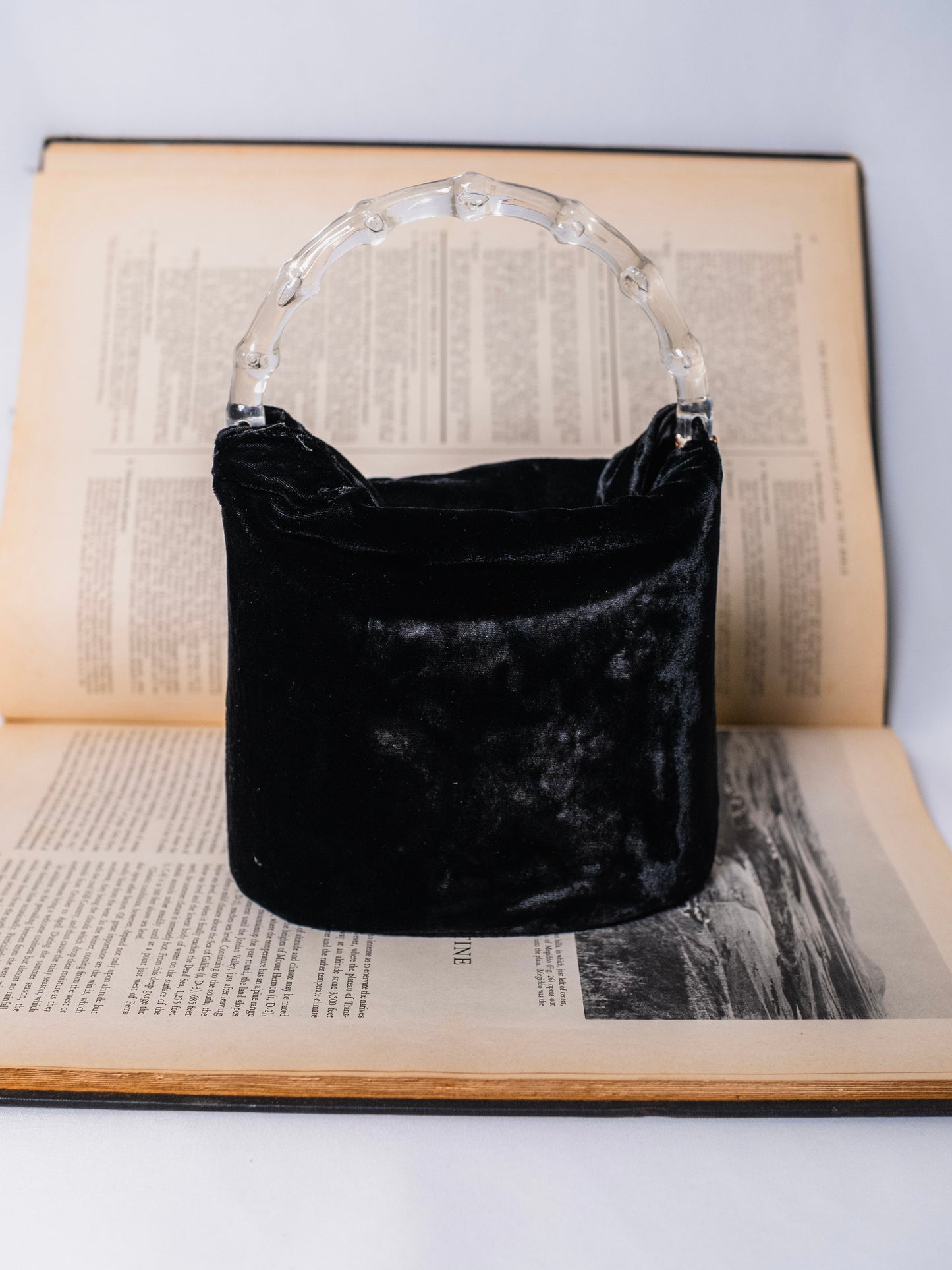 Vintage 1980s Black Velvet Handbag w/ Acrylic Handle