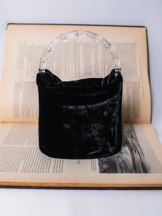 Vintage 1980s Black Velvet Handbag w/ Acrylic Handle