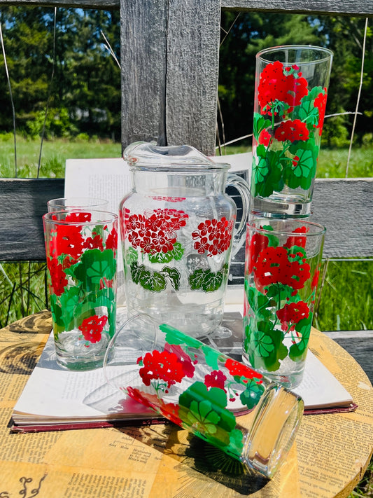 Vintage 1960s Avon "Summer Fantasy" Red Geranium Pitcher & Tumbler Set