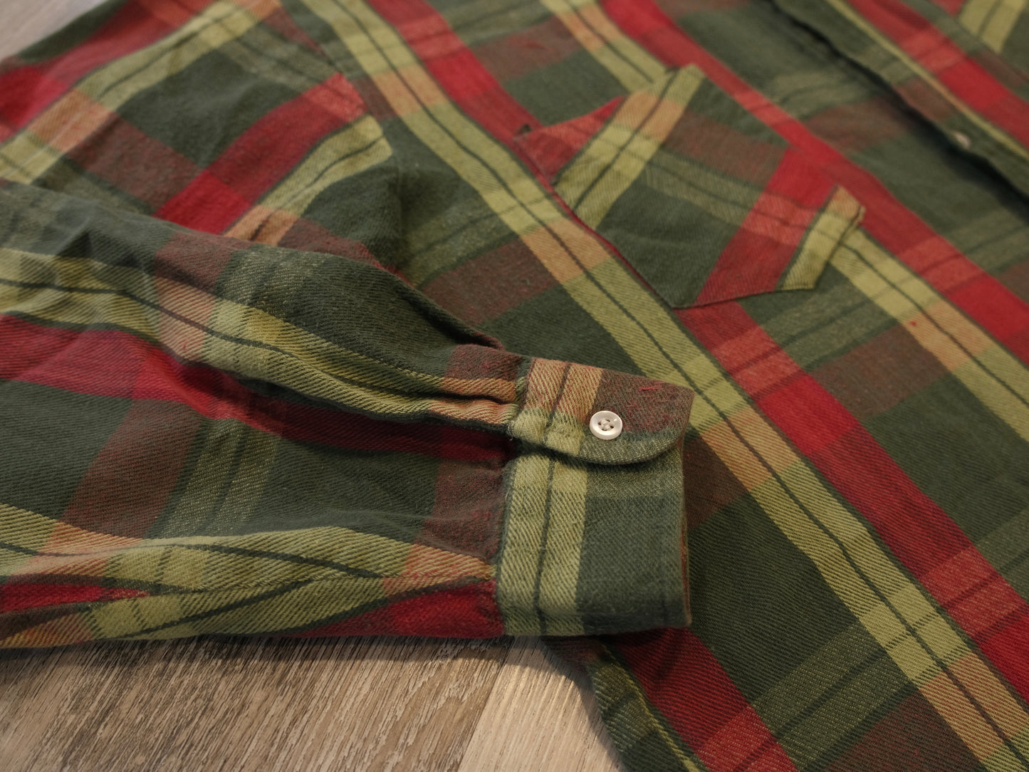 Vintage 1970s Green & Red Plaid Cotton Flannel Shirt | XL