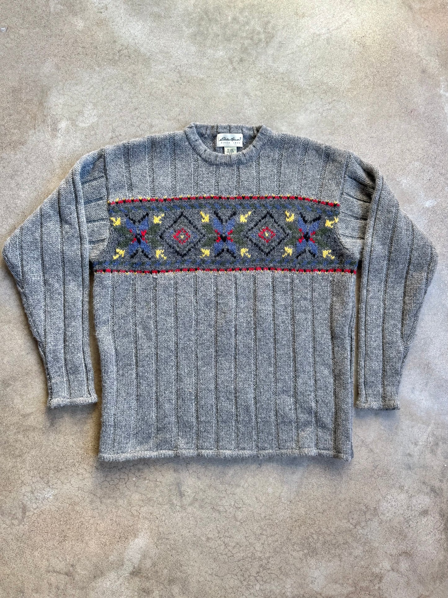 Vintage 1990s Eddie Bauer Grey Nordic Pattern Wool Sweater | Medium