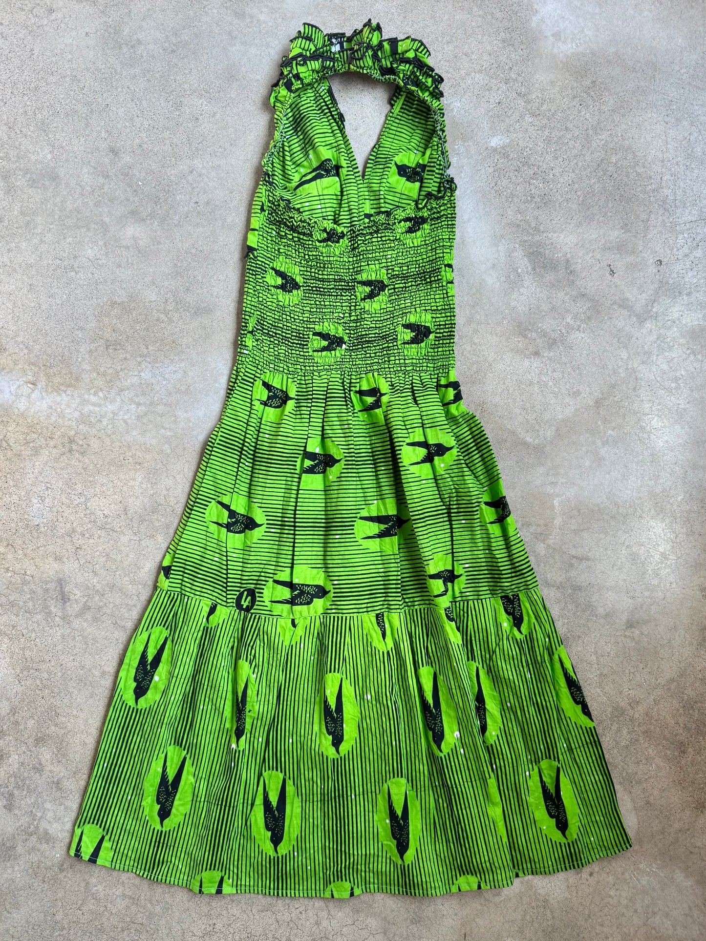 Vintage 1980s Handmade Green & Black Bird Pattern Halter Dress | Small