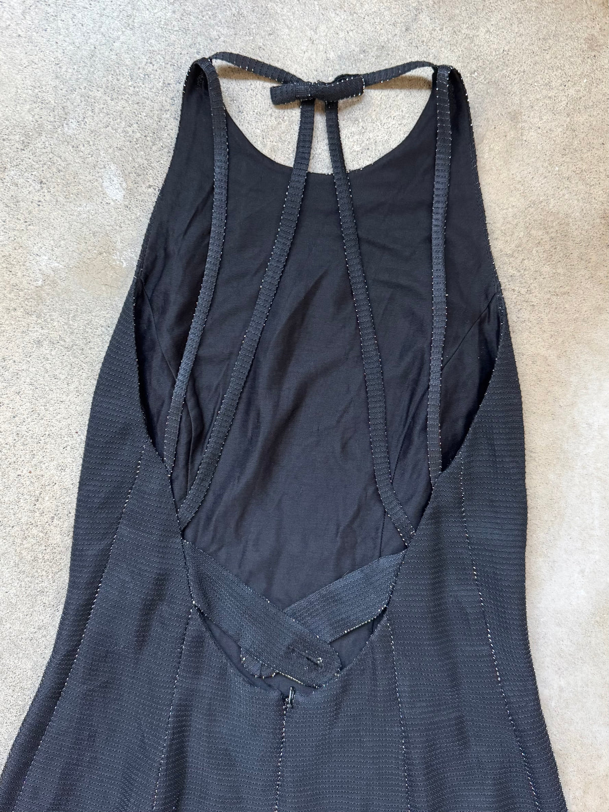 Vintage 1990s Reggio Black Metallic Knit Strappy Halter Dress | Medium