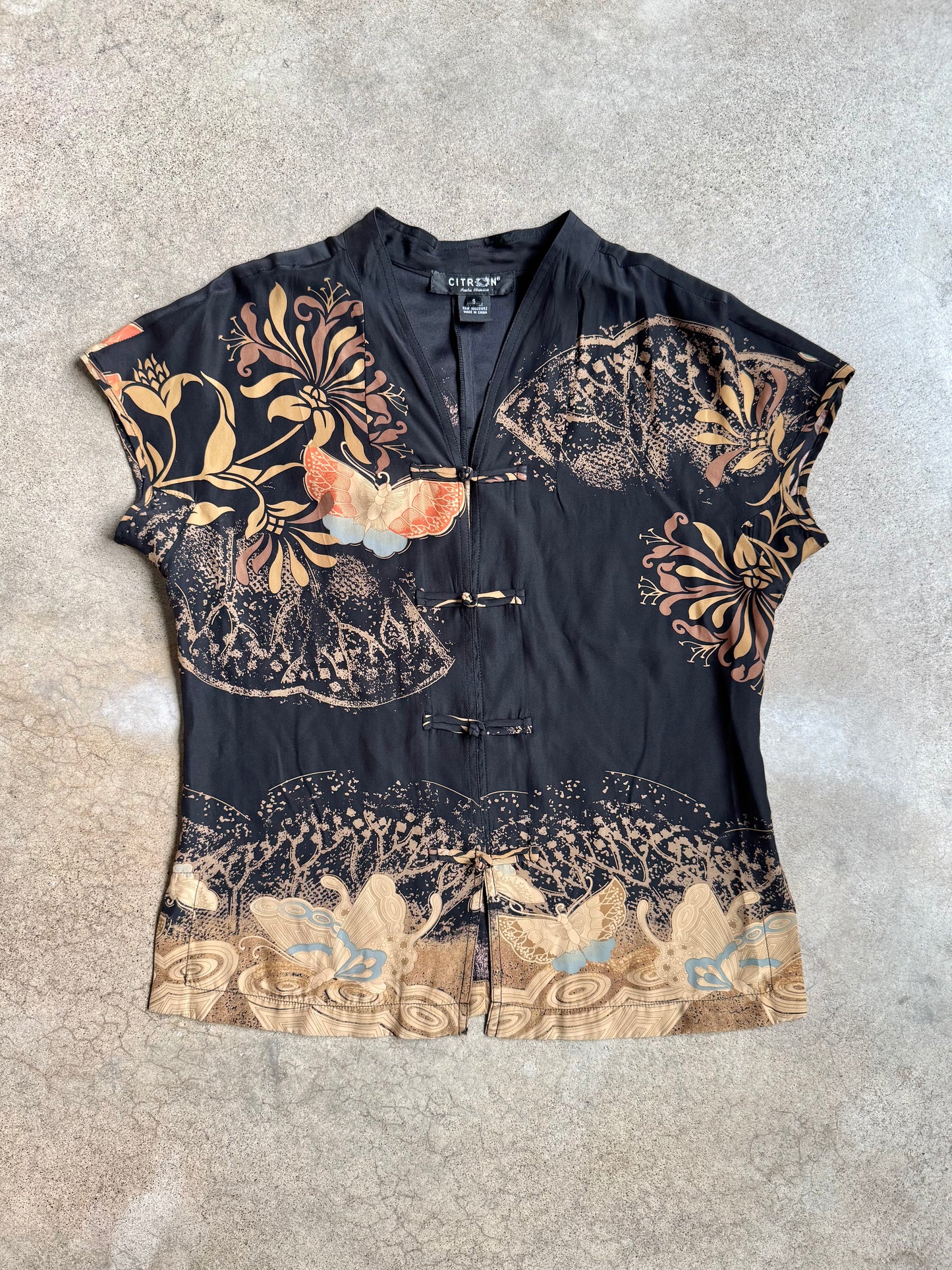 Vintage 1990s Citron Santa Monica Asian-Style Printed 100% Silk Blouse | Small