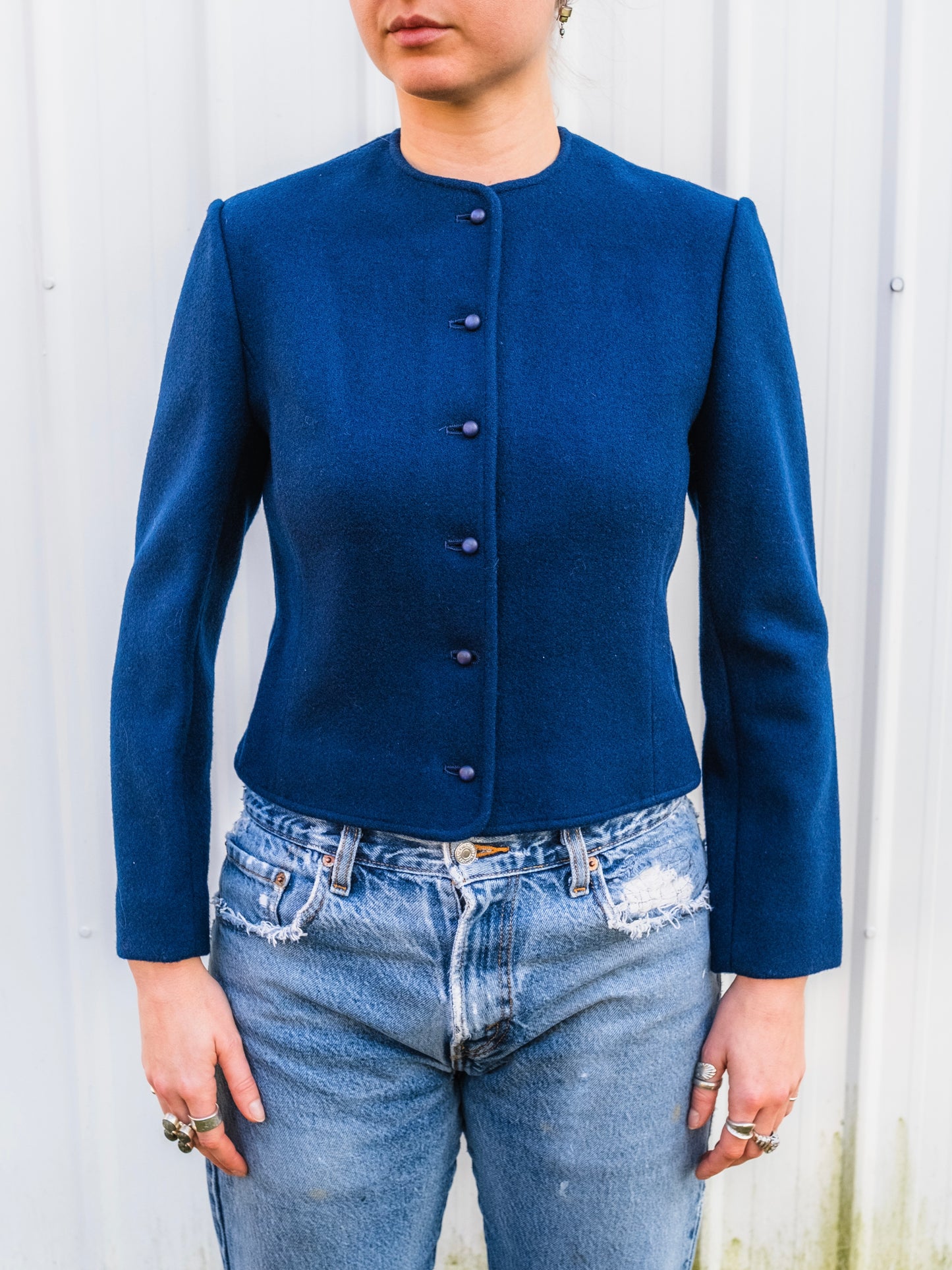 Vintage 1960s Pendleton Navy Blue Wool Cropped Jacket | XS