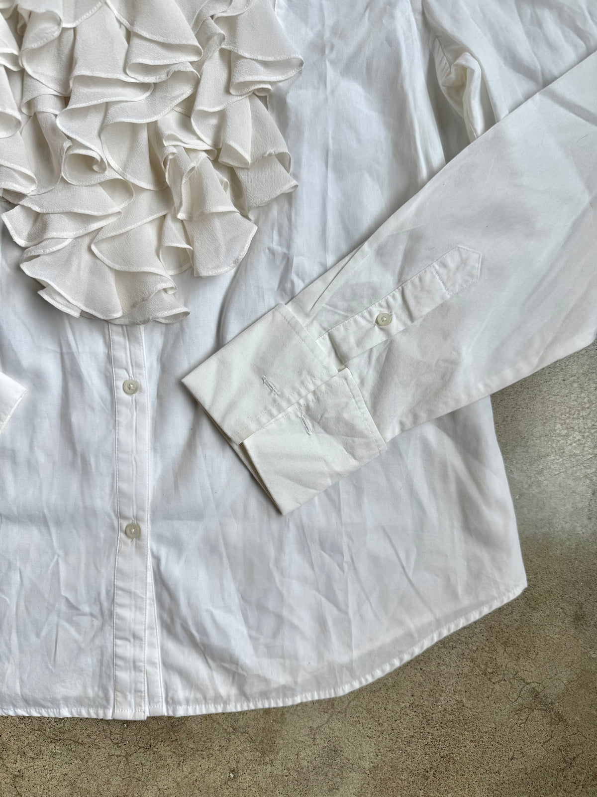Lauren Ralph Lauren White Silk Ruffle French Cuff Cotton Shirt | Large