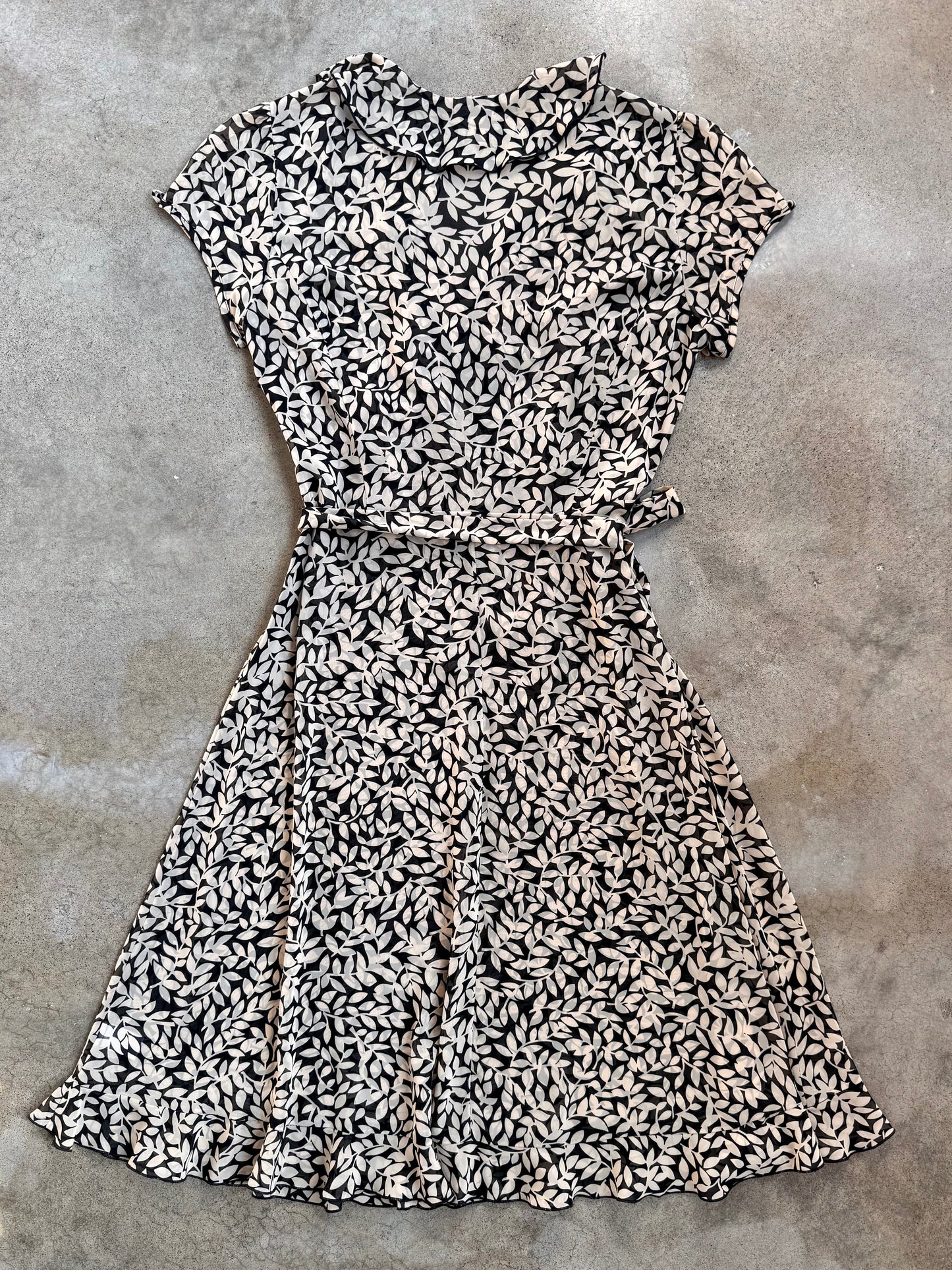 Vintage 1990s J.B.S. Black & Cream Floral Ruffle Trim Tie-Waist Dress | M/L